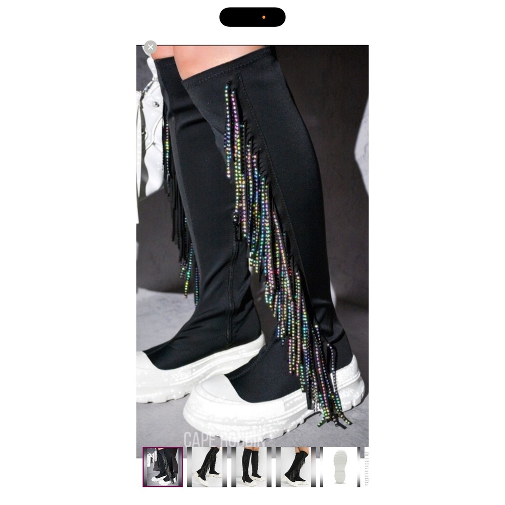 Cape Robbin Black Rhinestone Fringe Platform Knee High Boots‎ 6 goth grunge